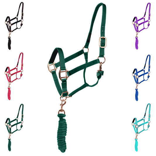 Majestic Ally Halter with Matching Lead Rope for Horses–Adjustable Chin and Crown–Rolled Throat Latch with Replaceable Snap–Padded Noseband–Heavy Duty Rose Gold Finish Hardware–Full