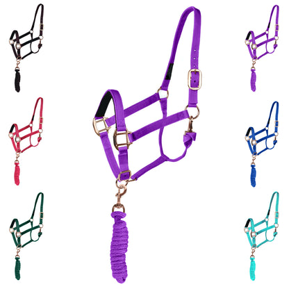 Majestic Ally Halter with Matching Lead Rope for Horses–Adjustable Chin and Crown–Rolled Throat Latch with Replaceable Snap–Padded Noseband–Heavy Duty Rose Gold Finish Hardware–Full