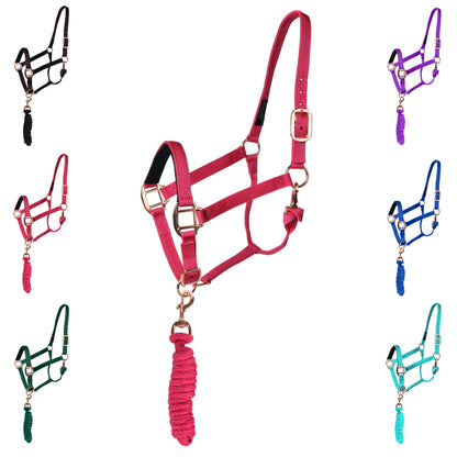 Majestic Ally Halter with Matching Lead Rope for Horses–Adjustable Chin and Crown–Rolled Throat Latch with Replaceable Snap–Padded Noseband–Heavy Duty Rose Gold Finish Hardware–Full