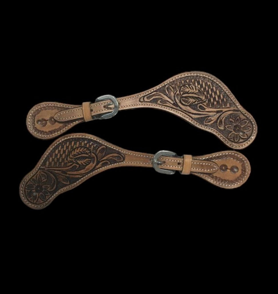 Majestic Ally Cowboy Boots Spur Straps, Pair of Natural Super Leather Antique Hand Tooling Western Spur Straps for Boots for Horse Riding