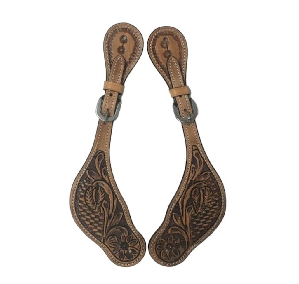 Majestic Ally Cowboy Boots Spur Straps, Pair of Natural Super Leather Antique Hand Tooling Western Spur Straps for Boots for Horse Riding