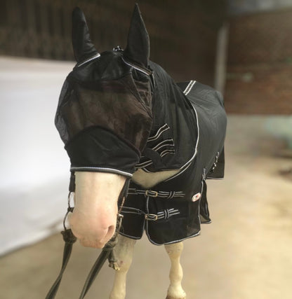 Majestic Ally Horse Fly Sheet with Neck Cover and Head Mask, Breathable UV and Bite Equine Protection, Adjustable Body Straps, Boarding or Turnout Accessory, Contoured Fit