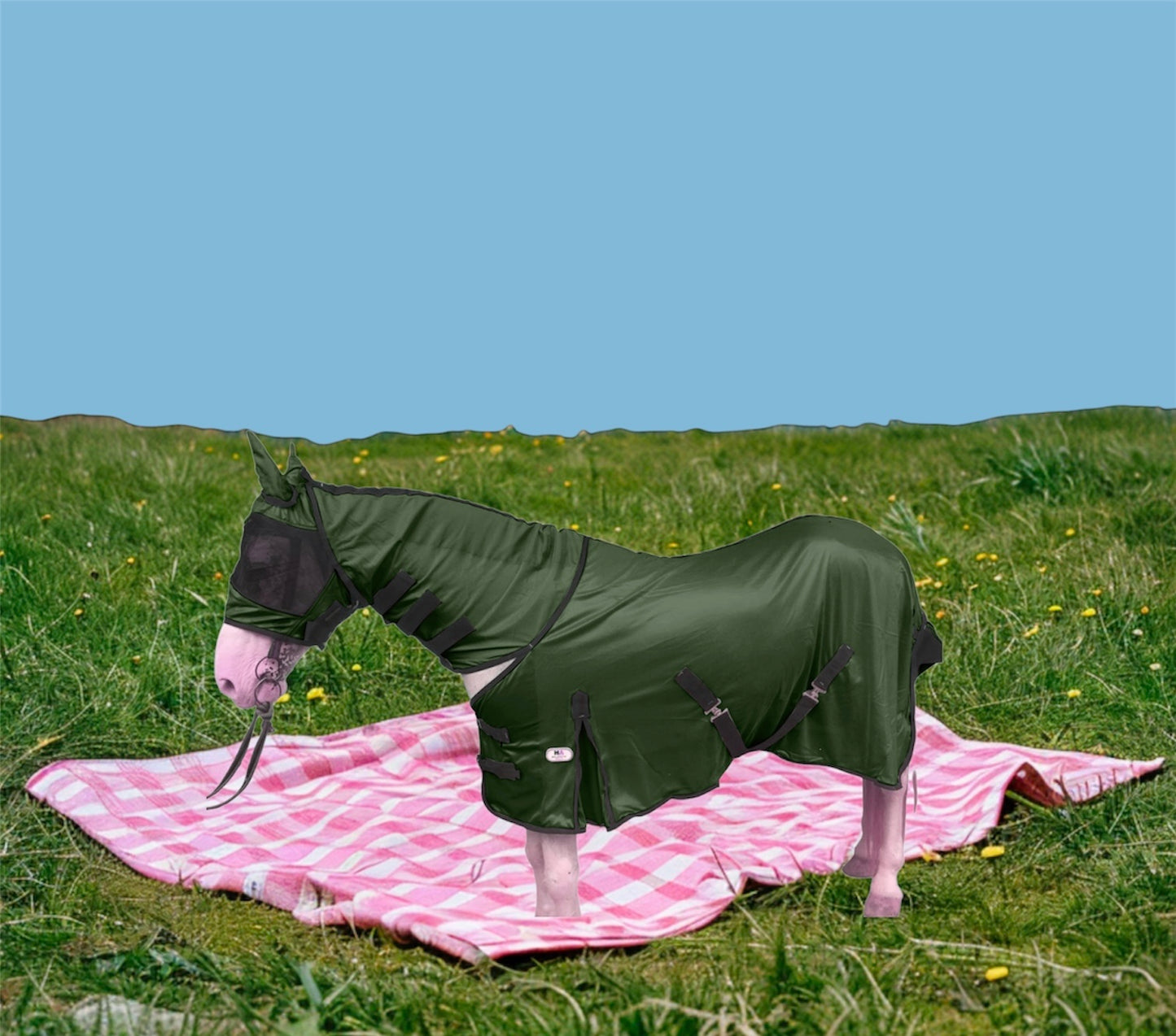 Majestic Ally Horse Fly Sheet with Neck Cover and Head Mask, Breathable UV and Bite Equine Protection, Adjustable Body Straps, Boarding or Turnout Accessory, Contoured Fit