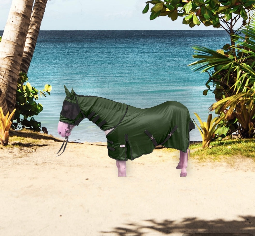 Majestic Ally Horse Fly Sheet with Neck Cover and Head Mask, Breathable UV and Bite Equine Protection, Adjustable Body Straps, Boarding or Turnout Accessory, Contoured Fit