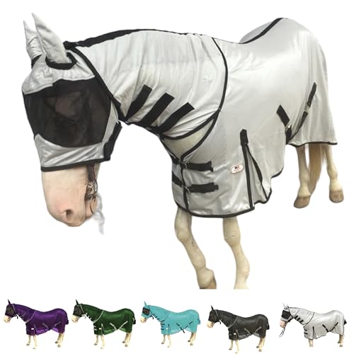 Majestic Ally Horse Fly Sheet with Neck Cover and Head Mask, Breathable UV and Bite Equine Protection, Adjustable Body Straps, Boarding or Turnout Accessory, Contoured Fit (Hunter Green, 76 Inch)