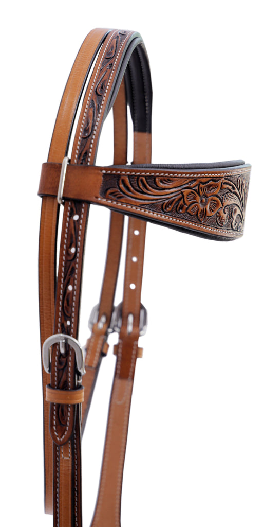 Majestic Ally Natural Super Leather Antique Tooling Quick Bit Change Padded Brow-band Headstall