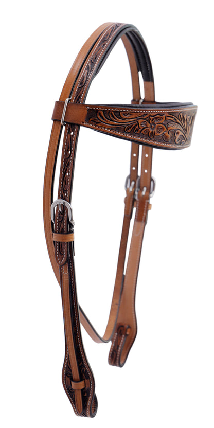 Majestic Ally Natural Super Leather Antique Tooling Quick Bit Change Padded Brow-band Headstall