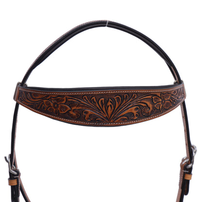 Majestic Ally Natural Super Leather Antique Tooling Quick Bit Change Padded Brow-band Headstall