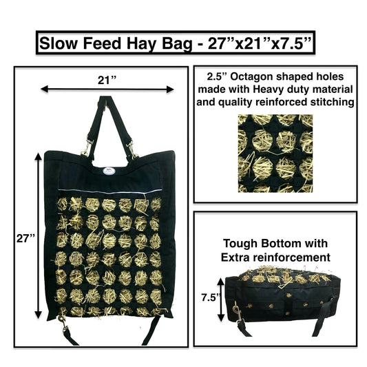 Majestic Ally Nylon Reflective 2.5" Octagon Hole Slow Feed Hay Bag for Horses, Adjustable Travel Feeder for Trailer, Stall, Simulates Grazing, Reduces Waste