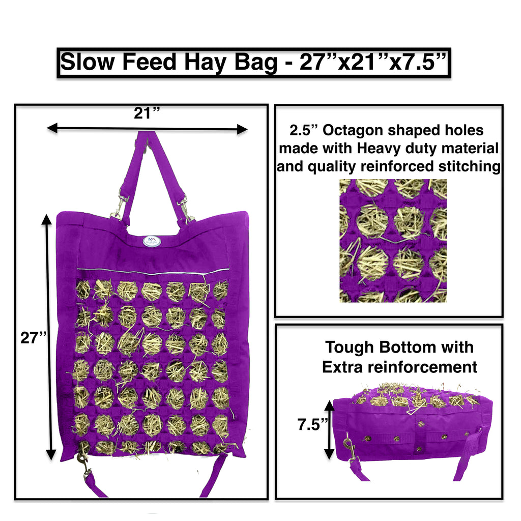 Majestic Ally Nylon Reflective 2.5" Octagon Hole Slow Feed Hay Bag for Horses, Adjustable Travel Feeder for Trailer, Stall, Simulates Grazing, Reduces Waste