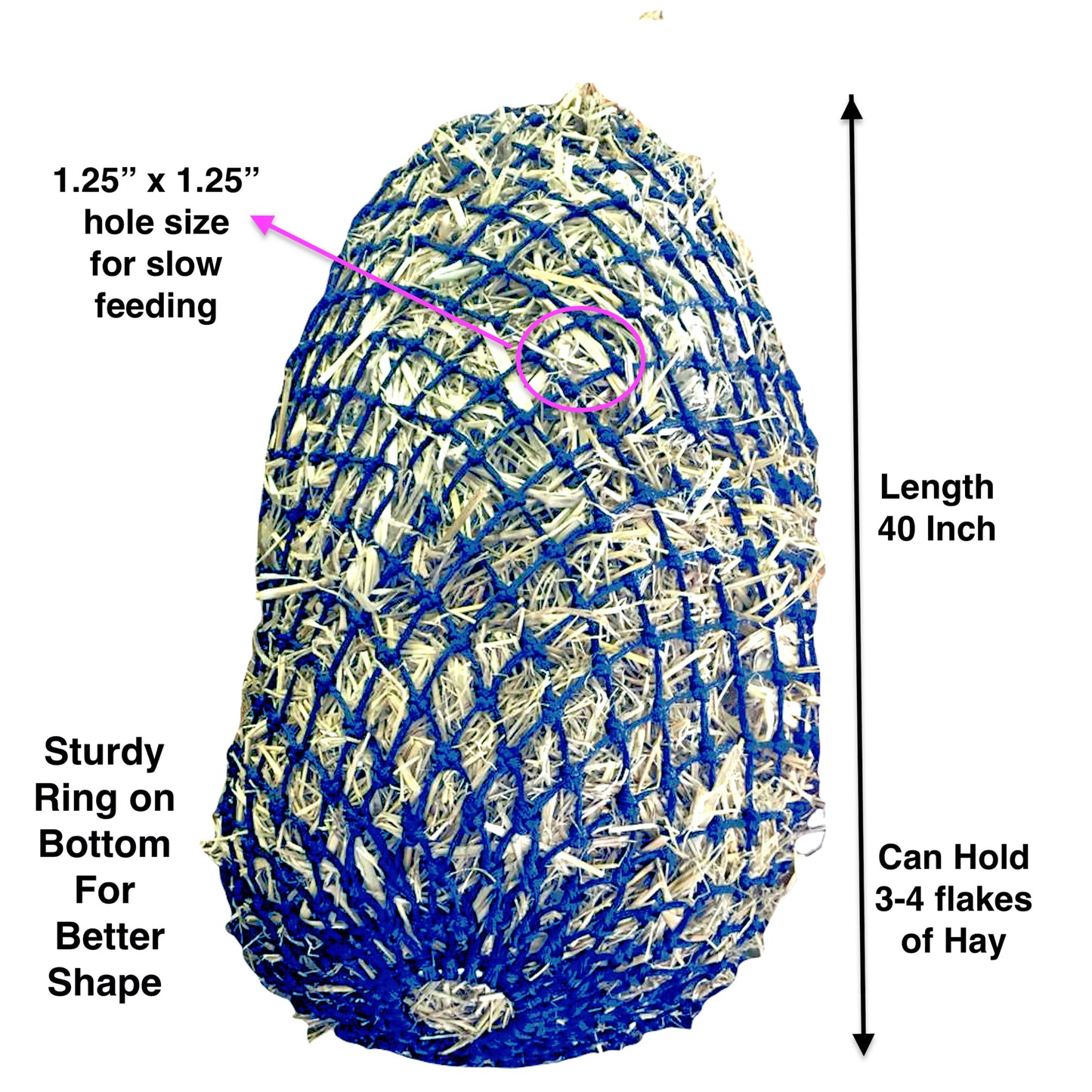 Majestic Ally 1.25”x1.25” Holes Ultra Slow Feed 40” Very Sturdy Hay Net with Bottom Ring for Horses, Nylon Rope Hanging, Adjustable Travel Feeder for Trailer and Stall, Reduces Waste
