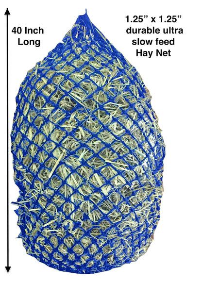 Majestic Ally 1.25”x1.25” Holes Ultra Slow Feed 40” Very Sturdy Hay Net with Bottom Ring for Horses, Nylon Rope Hanging, Adjustable Travel Feeder for Trailer and Stall, Reduces Waste