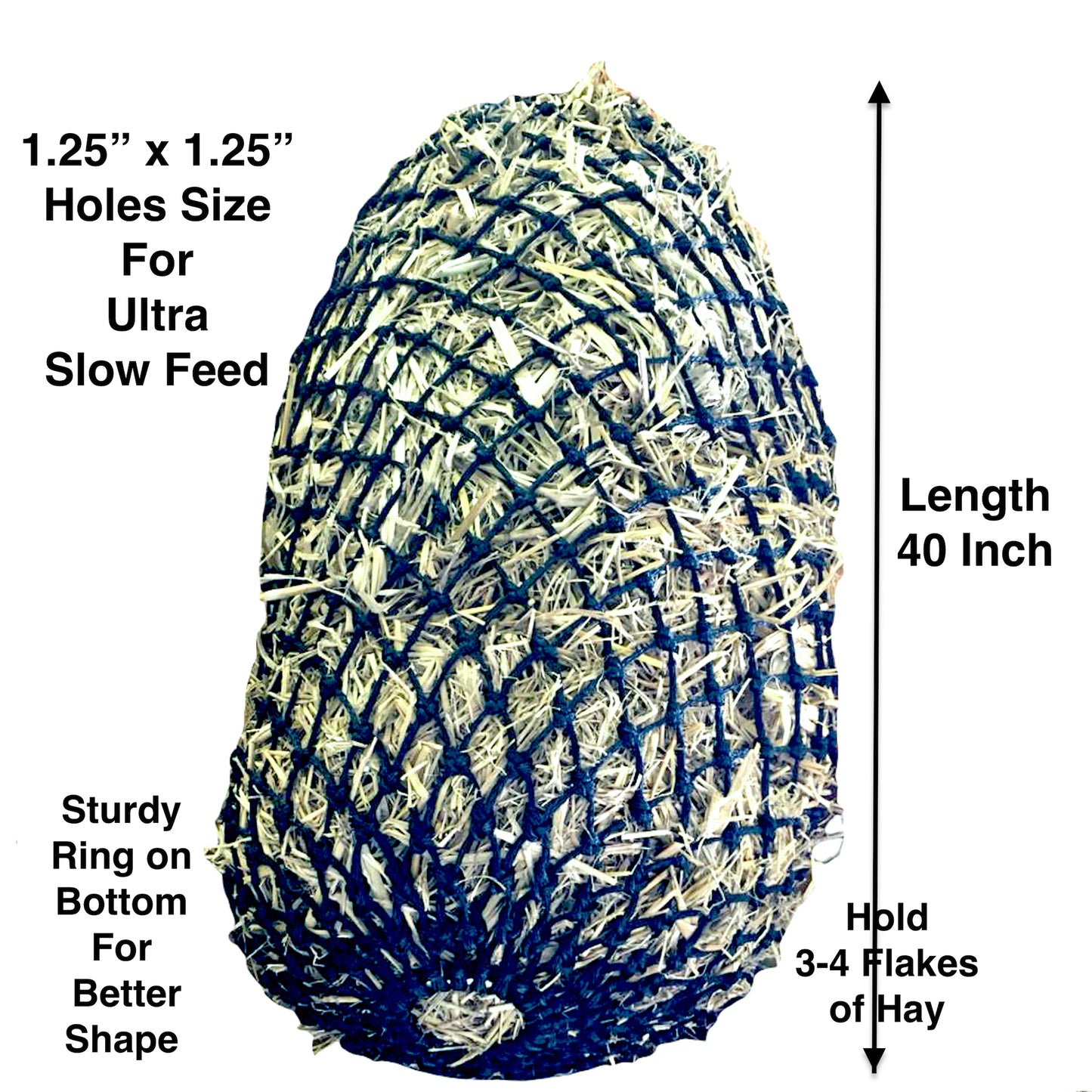 Majestic Ally 1.25”x1.25” Holes Ultra Slow Feed 40” Very Sturdy Hay Net with Bottom Ring for Horses, Nylon Rope Hanging, Adjustable Travel Feeder for Trailer and Stall, Reduces Waste