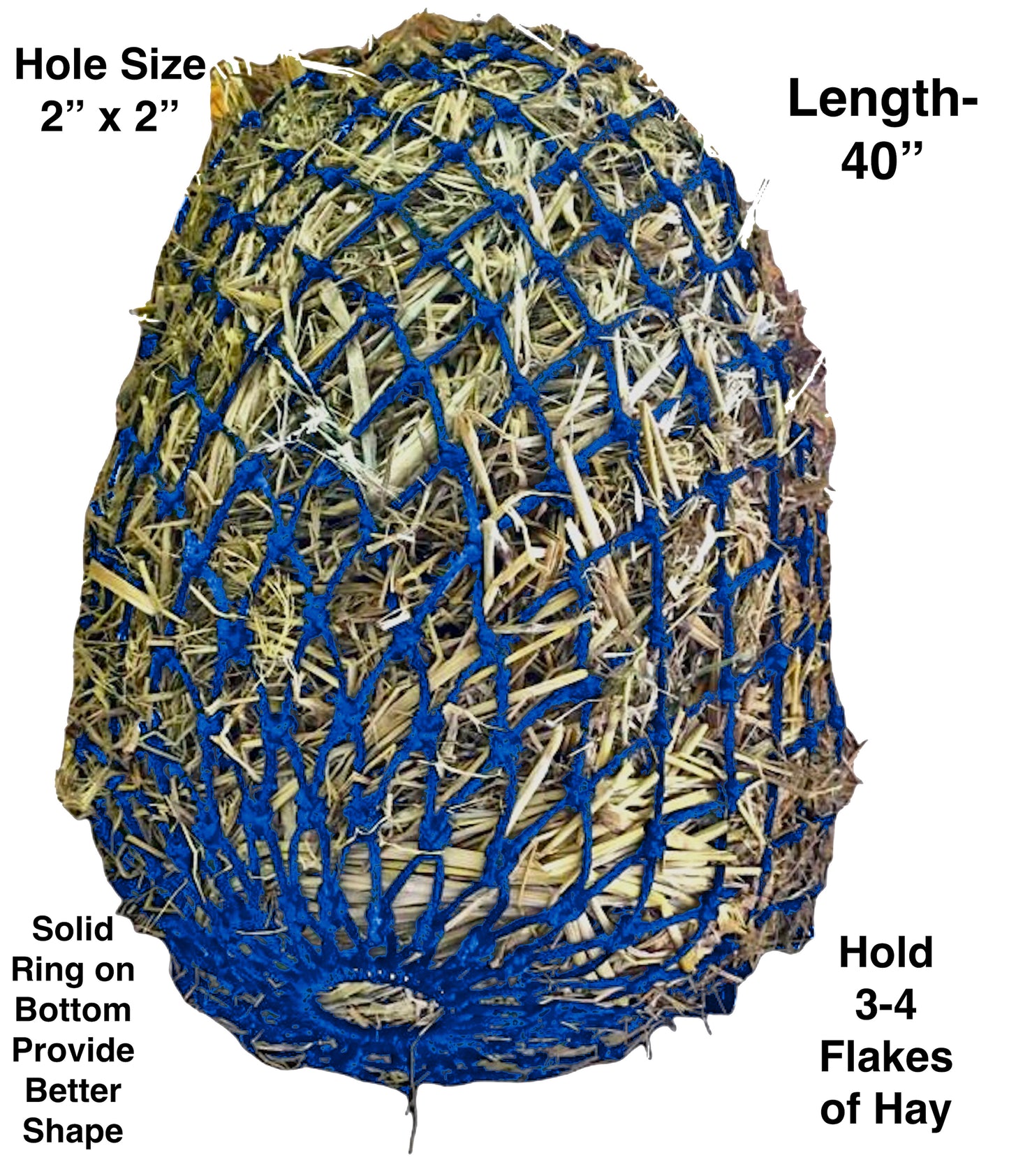 Majestic Ally 2”x2” Holes Slow Feed 40” Very Sturdy Hay Net with Bottom Ring for Desirous Horses, Nylon Rope Hanging, Adjustable Travel Feeder for Trailer, Stall, and Portable Wear