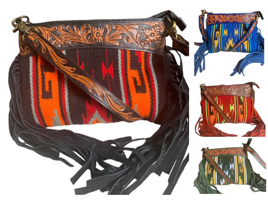 Majestic Ally Hand Tooled Pure Leather Cashmere Carry Cross Body Saddle Blanket Bag with Matching Leather Fringe