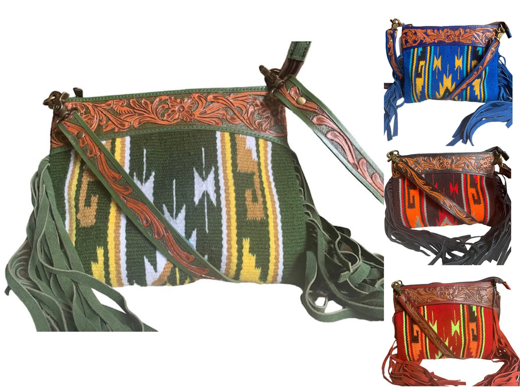 Majestic Ally Hand Tooled Pure Leather Cashmere Carry Cross Body Saddle Blanket Bag with Matching Leather Fringe