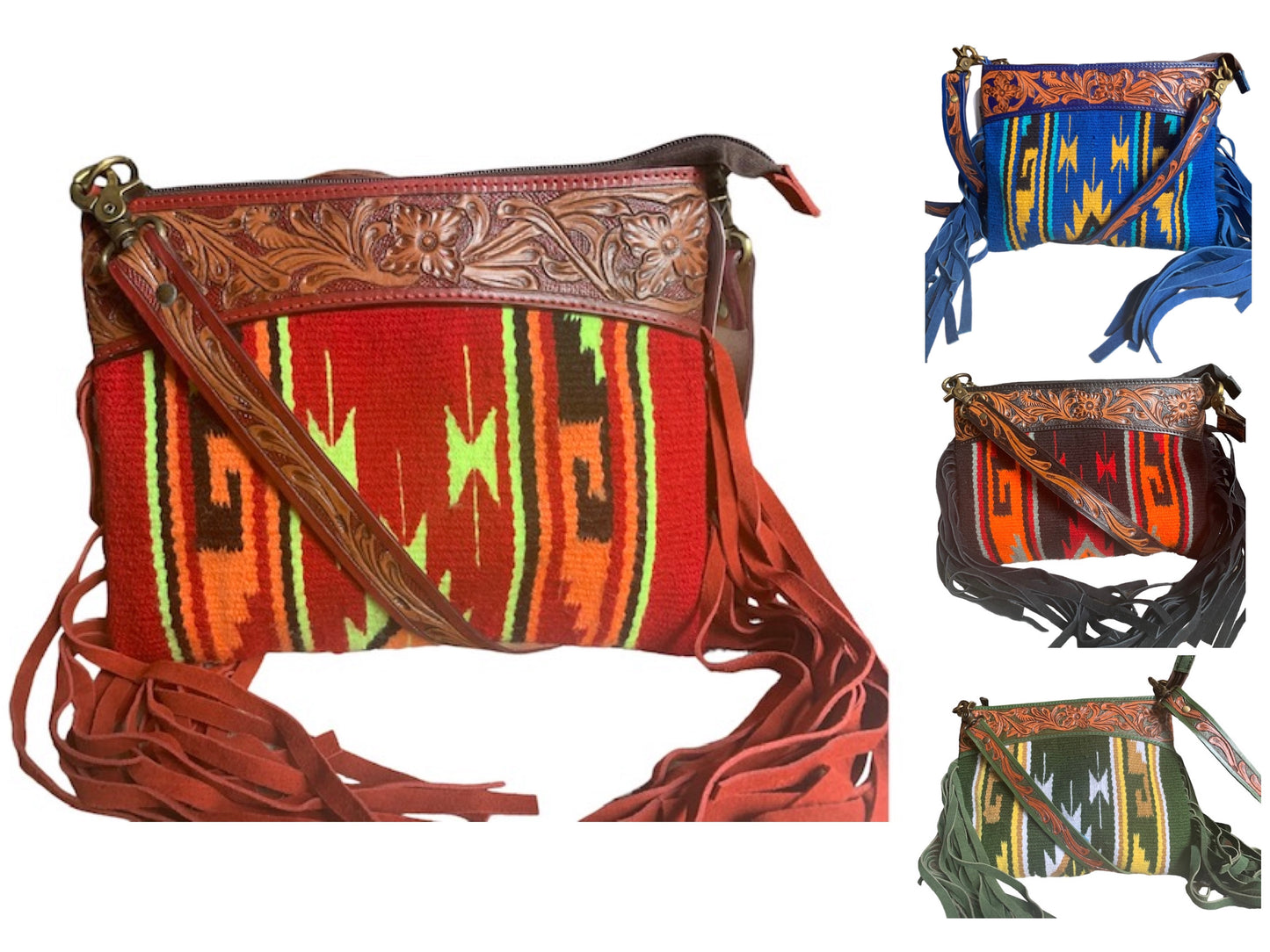 Majestic Ally Hand Tooled Pure Leather Cashmere Carry Cross Body Saddle Blanket Bag with Matching Leather Fringe