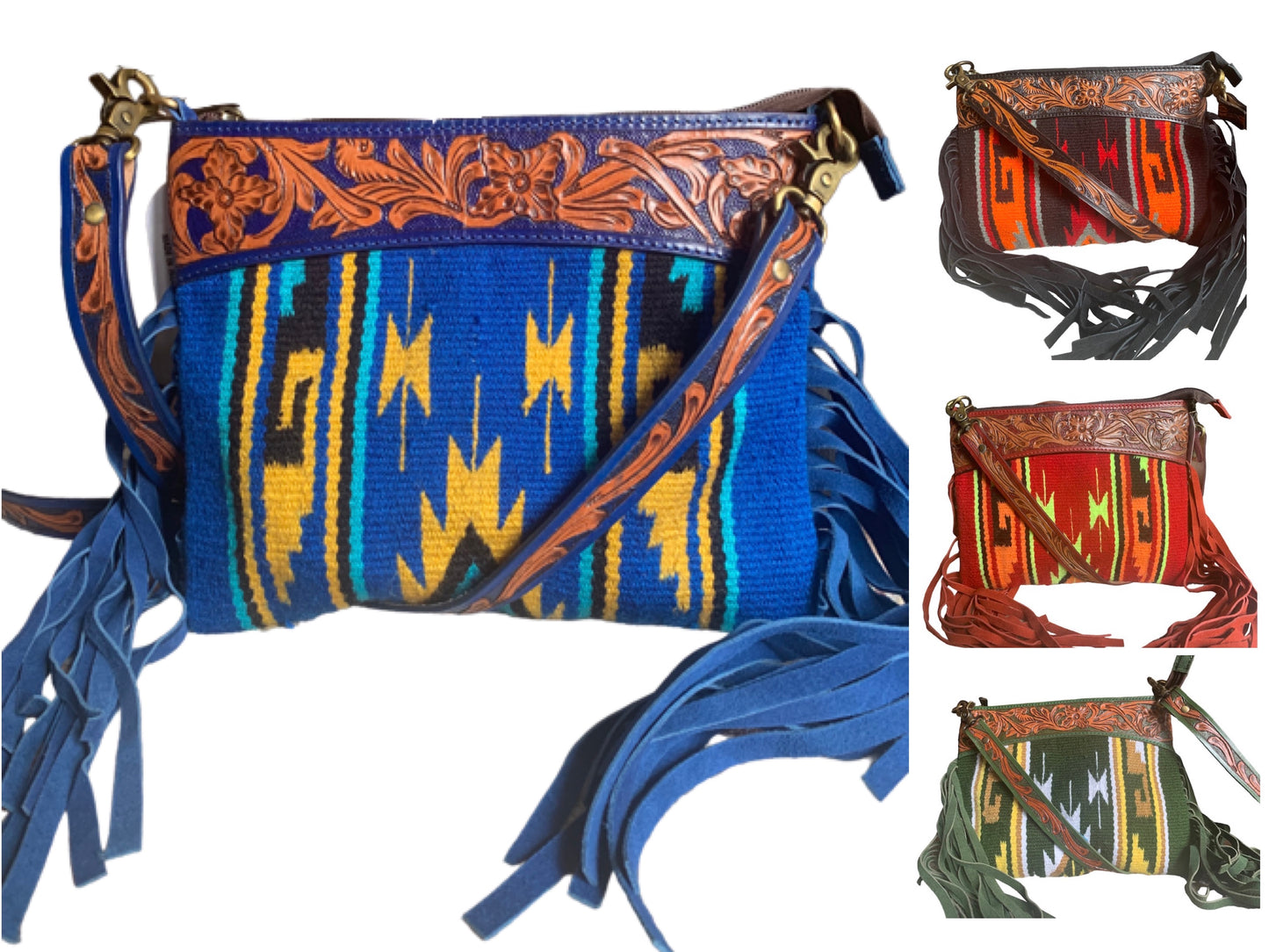 Majestic Ally Hand Tooled Pure Leather Cashmere Carry Cross Body Saddle Blanket Bag with Matching Leather Fringe