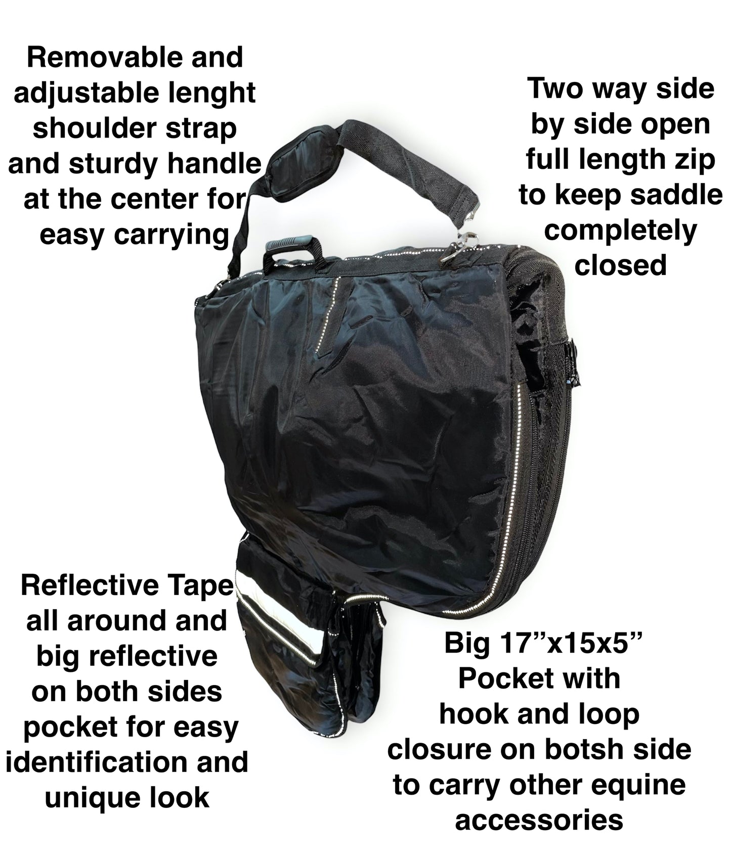 Majestic Ally Nylon Reflective Western Saddle Carry Bag with Large Pockets- Black