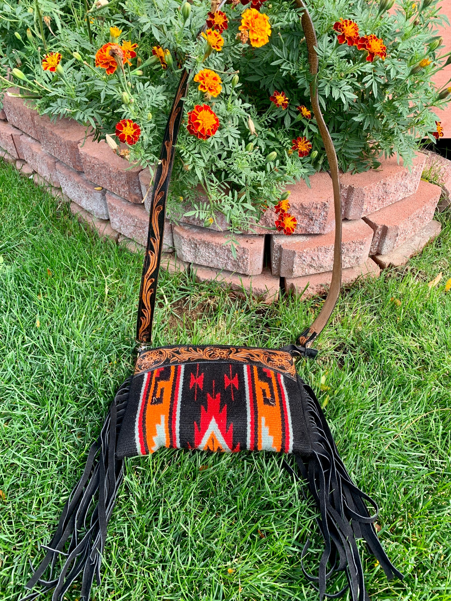 Majestic Ally Hand Tooled Pure Leather Cashmere Carry Cross Body Saddle Blanket Bag with Matching Leather Fringe