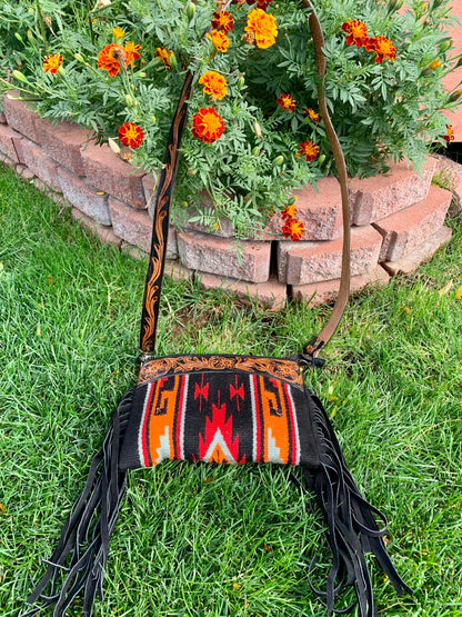 Majestic Ally Hand Tooled Pure Leather Cashmere Carry Cross Body Saddle Blanket Bag with Matching Leather Fringe