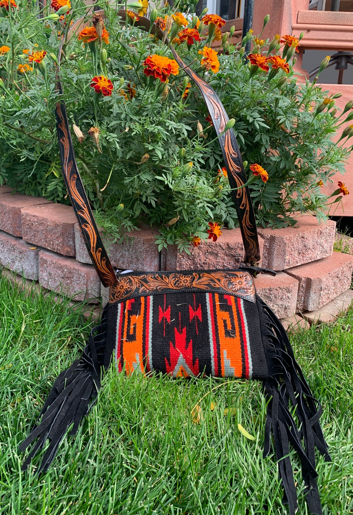 Majestic Ally Hand Tooled Pure Leather Cashmere Carry Cross Body Saddle Blanket Bag with Matching Leather Fringe