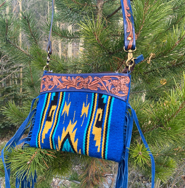 Majestic Ally Hand Tooled Pure Leather Cashmere Carry Cross Body Saddle Blanket Bag with Matching Leather Fringe