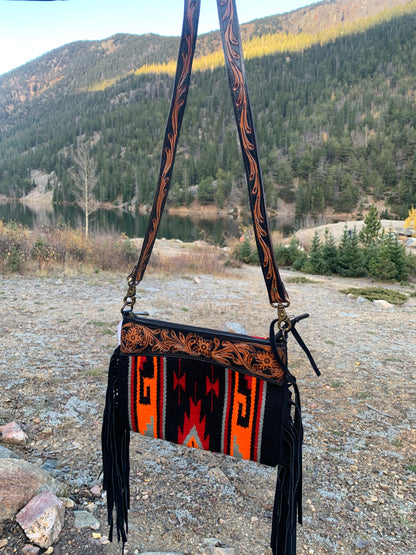 Majestic Ally Hand Tooled Pure Leather Cashmere Carry Cross Body Saddle Blanket Bag with Matching Leather Fringe