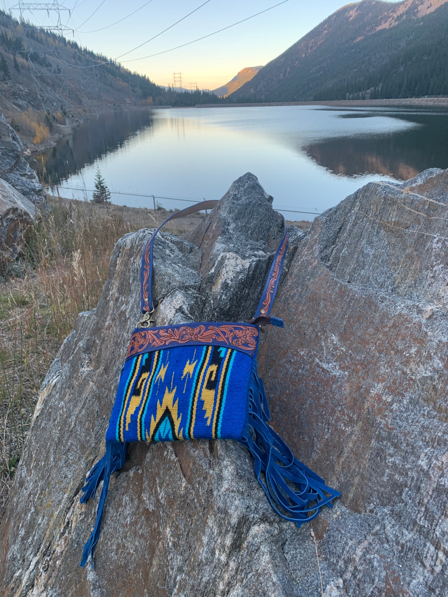 Majestic Ally Hand Tooled Pure Leather Cashmere Carry Cross Body Saddle Blanket Bag with Matching Leather Fringe