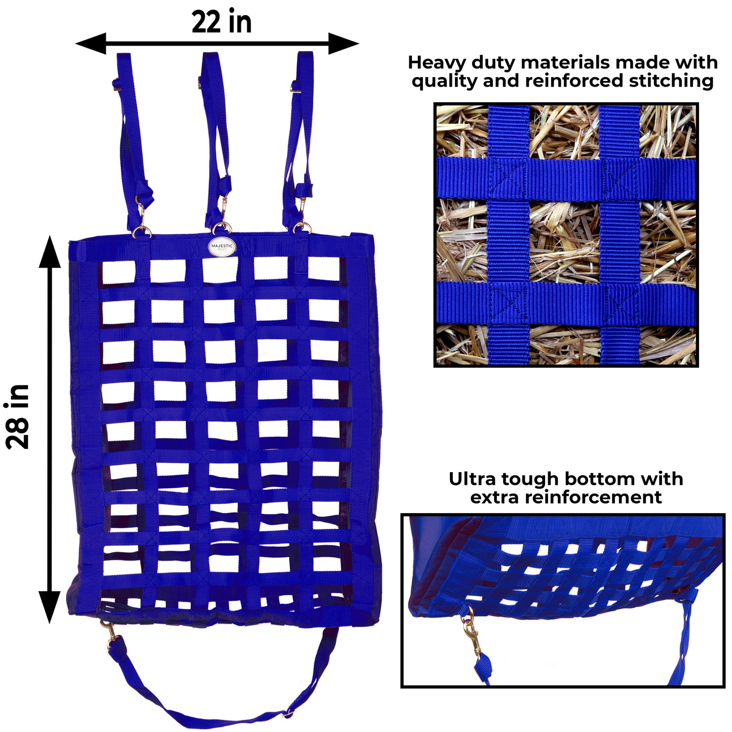 Majestic Ally 2 Side Open 28"x22"x10" Slow Feed Hay Bag for Horses, Adjustable Travel Feeder for Trailer and Stall, Available in 4 Colors