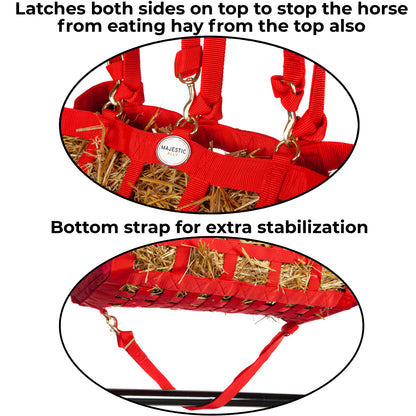 Majestic Ally 2 Side Open 28"x22"x10" Slow Feed Hay Bag for Horses, Adjustable Travel Feeder for Trailer and Stall, Available in 4 Colors