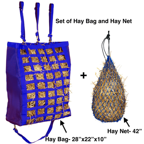Majestic Ally Set of 2 Sides Open 28"x22"x10" Slow Feed Hay Bag & 42" Hay net for Horses, Adjustable Travel Feeder for Trailer and Stall, Available in 4 Colors