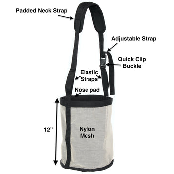 Majestic Ally Horse Feed Bag, Heavy Duty Nylon Mesh Grain Feed Bag, Adjustable Strap with Durable Snap and Elastic Straps, Comfort Neck Pad and Nose Pad- Large