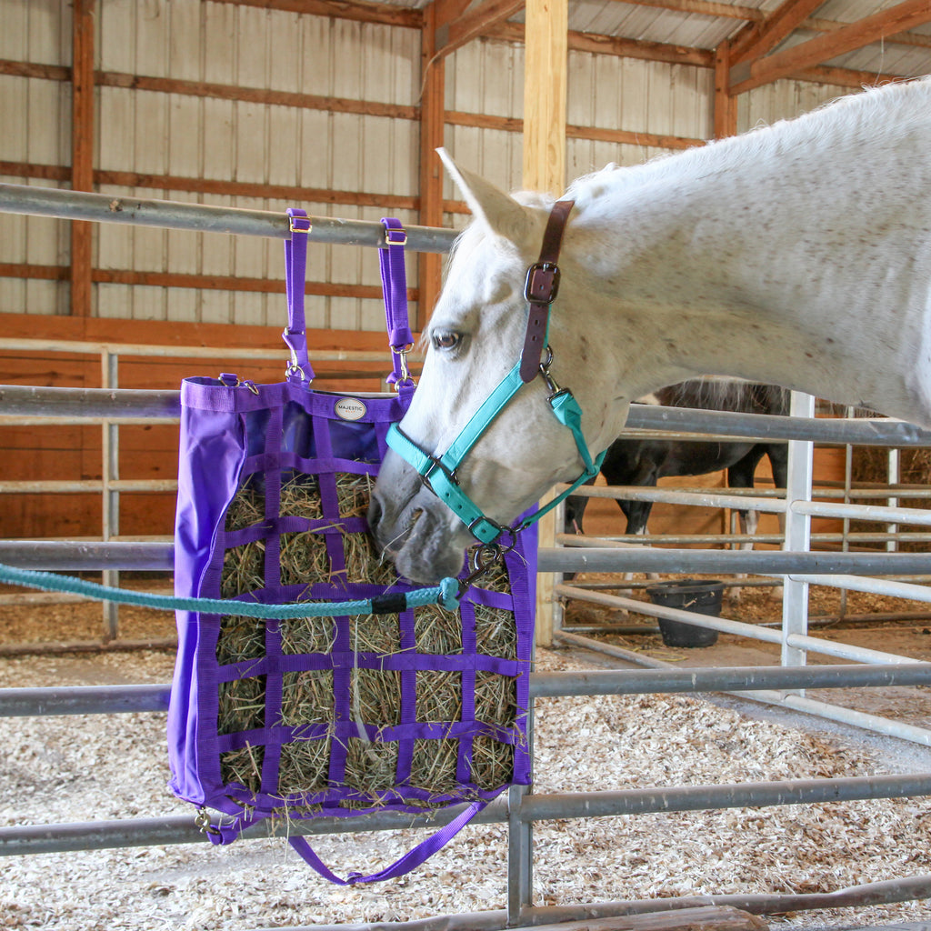 Majestic Ally 1200D Slow Feed Hay Bag, 3”x3” Opening for Easy Feeding, Adjustable Travel Feeder for Trailer and Stall, Simulates Grazing, Reduces Waste, Comes with 8 feet Poly Rope