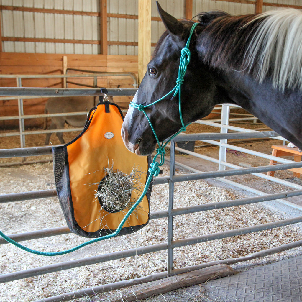 Majestic Ally 1200 D Hay Feeder Tote Bag for Horses, Sheep – Premium Quality Nylon Mesh - Reflective Trim- Simulates Grazing - Reduces Waste - Comes with 36” Hay Net.