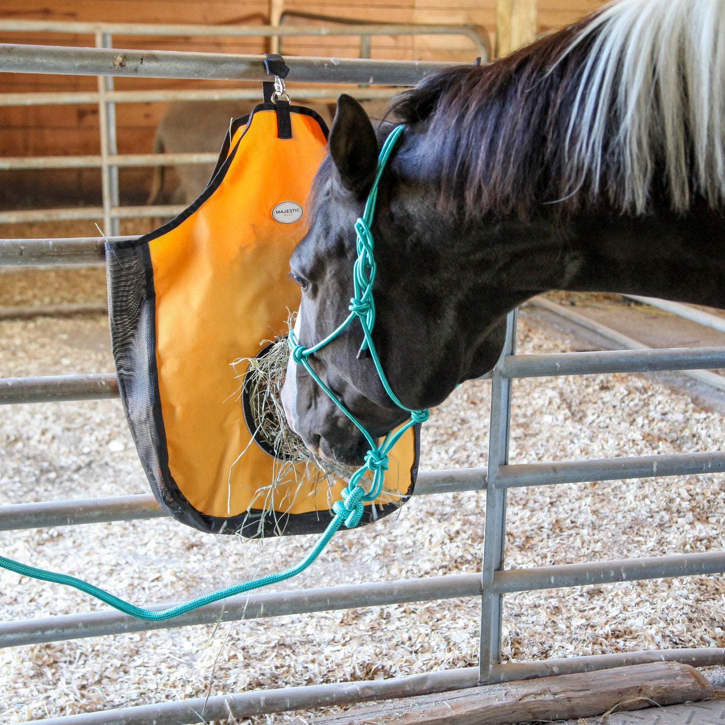 Majestic Ally 1200 D Hay Feeder Tote Bag for Horses, Sheep – Premium Quality Nylon Mesh - Reflective Trim- Simulates Grazing - Reduces Waste - Comes with 36” Hay Net.