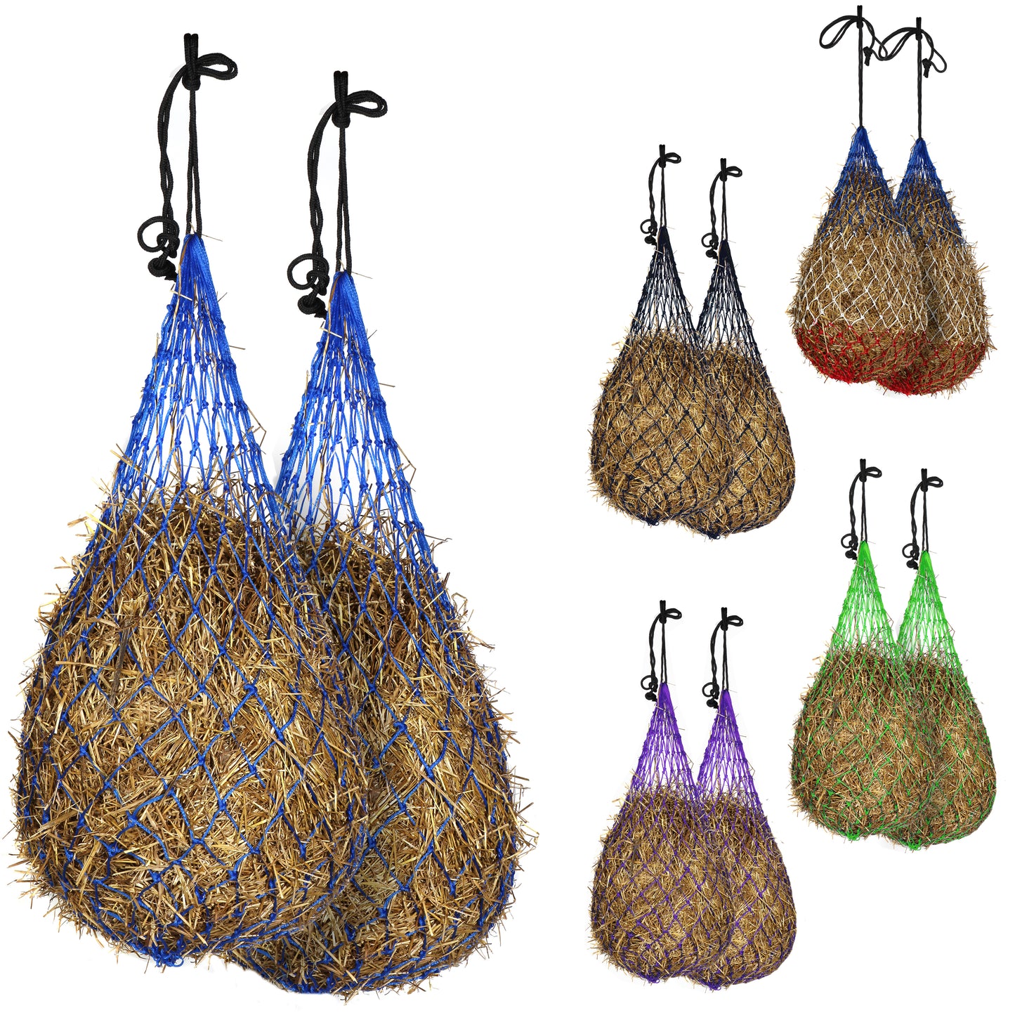 Majestic Ally 2 pcs Slow Feed 56” Hay Net with soft 3"x3" holes for Horses & Livestock, Nylon Rope Hanging , Simulates Grazing, Reduce Waste
