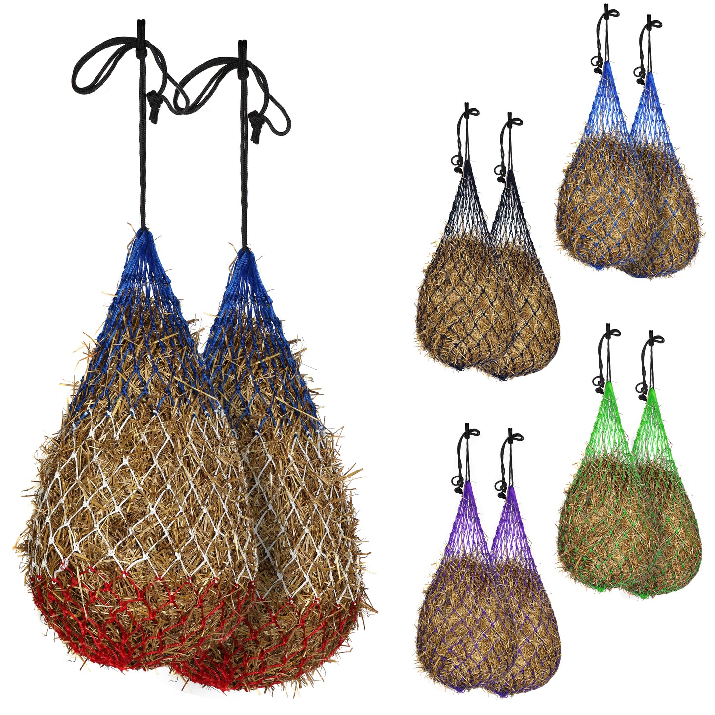Majestic Ally 2 pcs Slow Feed 56” Hay Net with soft 3"x3" holes for Horses & Livestock, Nylon Rope Hanging , Simulates Grazing, Reduce Waste