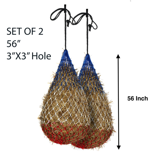 Majestic Ally 2 pcs Slow Feed 56” Hay Net with soft 3"x3" holes for Horses & Livestock, Nylon Rope Hanging , Simulates Grazing, Reduce Waste