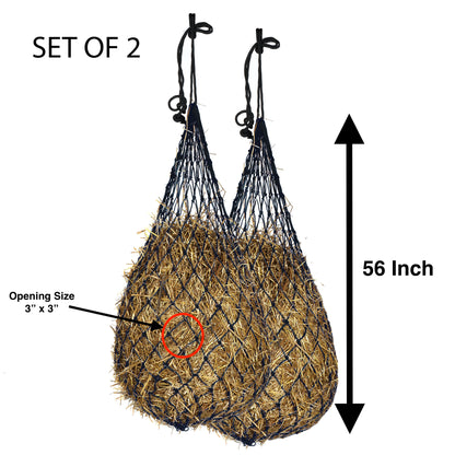 Majestic Ally 2 pcs Slow Feed 56” Hay Net with soft 3"x3" holes for Horses & Livestock, Nylon Rope Hanging , Simulates Grazing, Reduce Waste