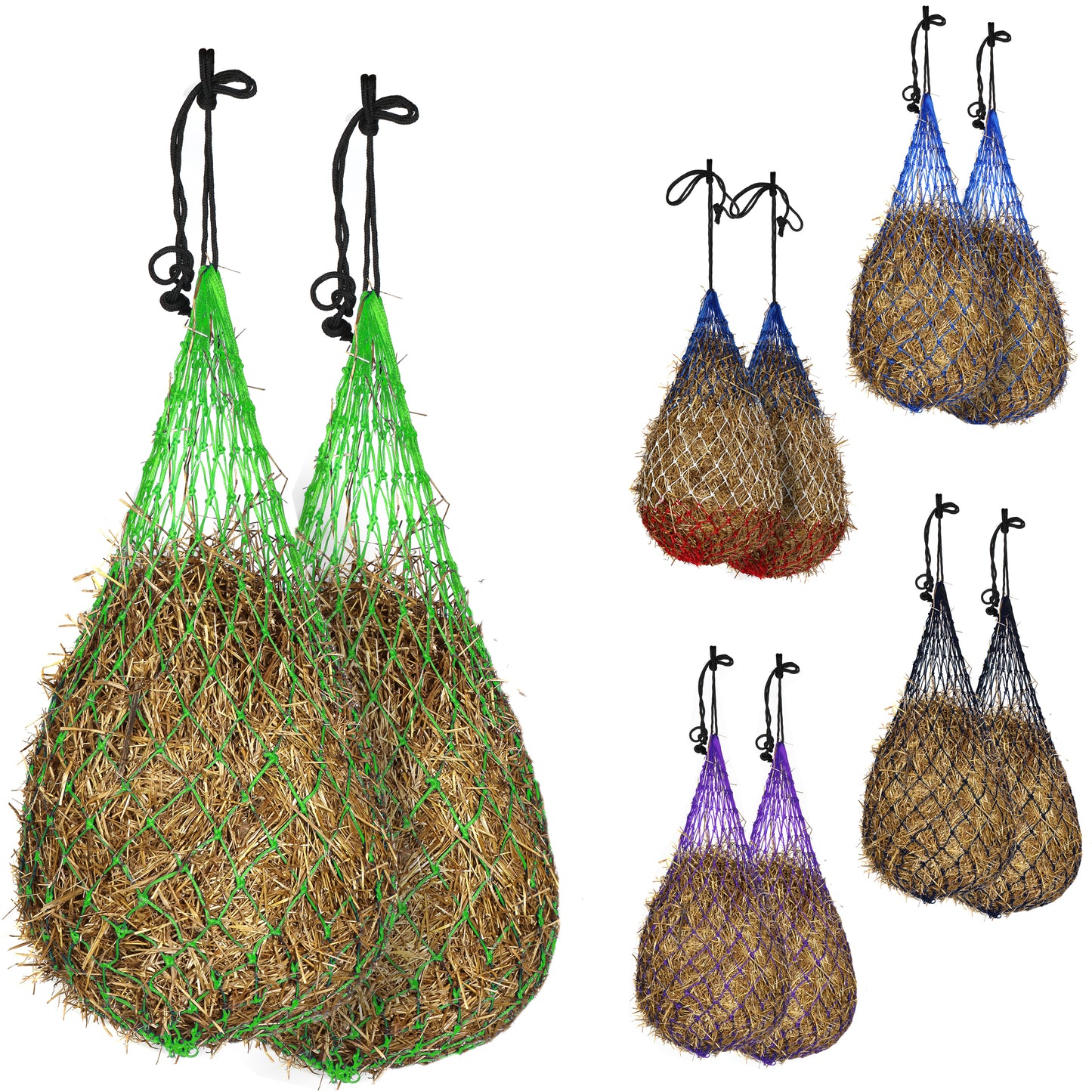 Majestic Ally 2 pcs Slow Feed 56” Hay Net with soft 3"x3" holes for Horses & Livestock, Nylon Rope Hanging , Simulates Grazing, Reduce Waste
