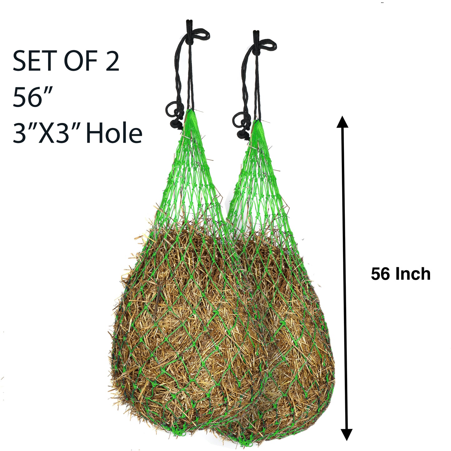 Majestic Ally 2 pcs Slow Feed 56” Hay Net with soft 3"x3" holes for Horses & Livestock, Nylon Rope Hanging , Simulates Grazing, Reduce Waste
