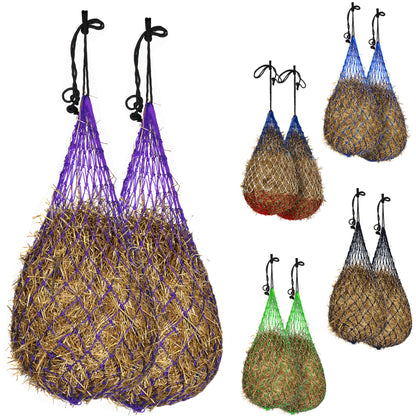 Majestic Ally 2 pcs Slow Feed 56” Hay Net with soft 3"x3" holes for Horses & Livestock, Nylon Rope Hanging , Simulates Grazing, Reduce Waste