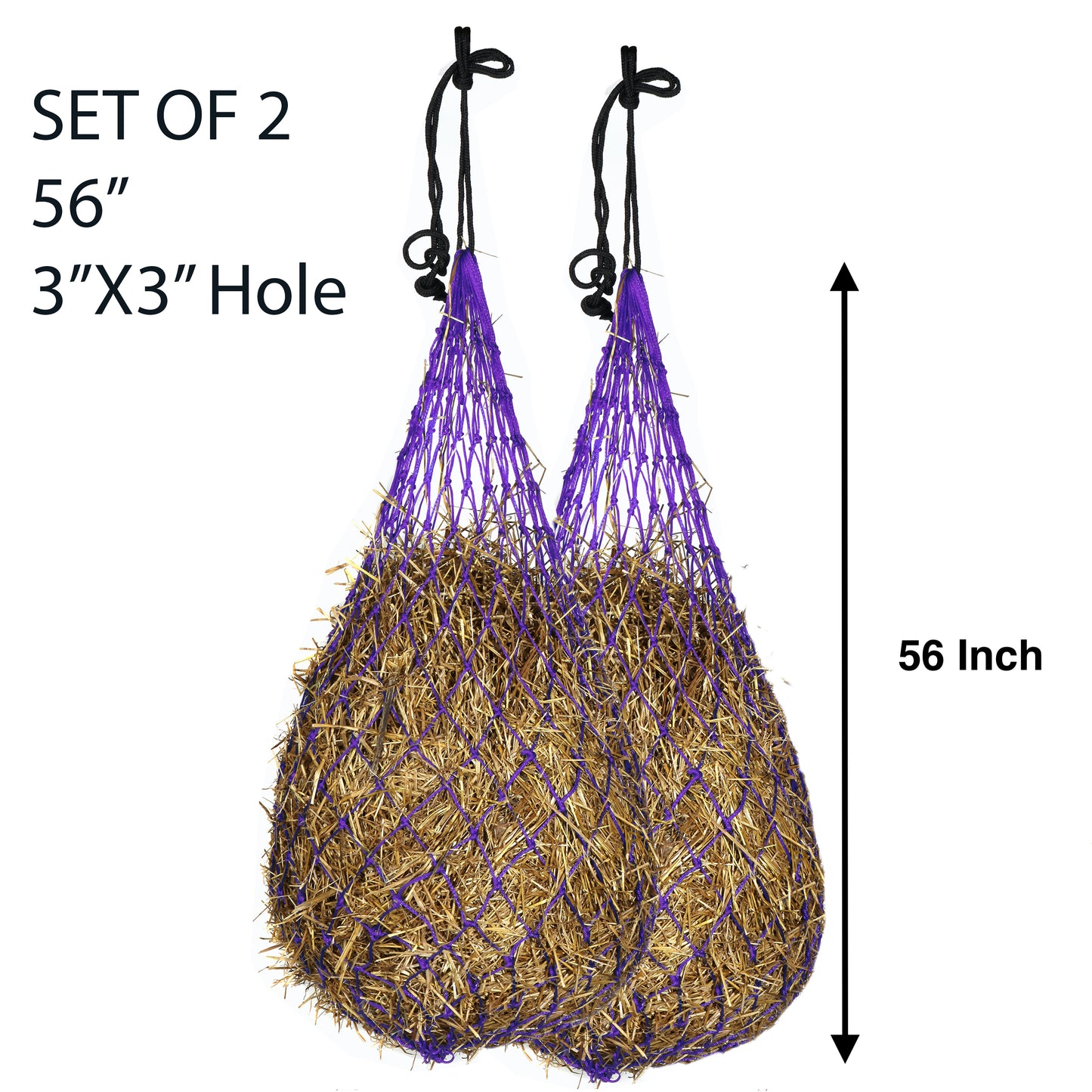 Majestic Ally 2 pcs Slow Feed 56” Hay Net with soft 3"x3" holes for Horses & Livestock, Nylon Rope Hanging , Simulates Grazing, Reduce Waste