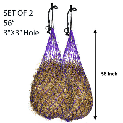 Majestic Ally 2 pcs Slow Feed 56” Hay Net with soft 3"x3" holes for Horses & Livestock, Nylon Rope Hanging , Simulates Grazing, Reduce Waste