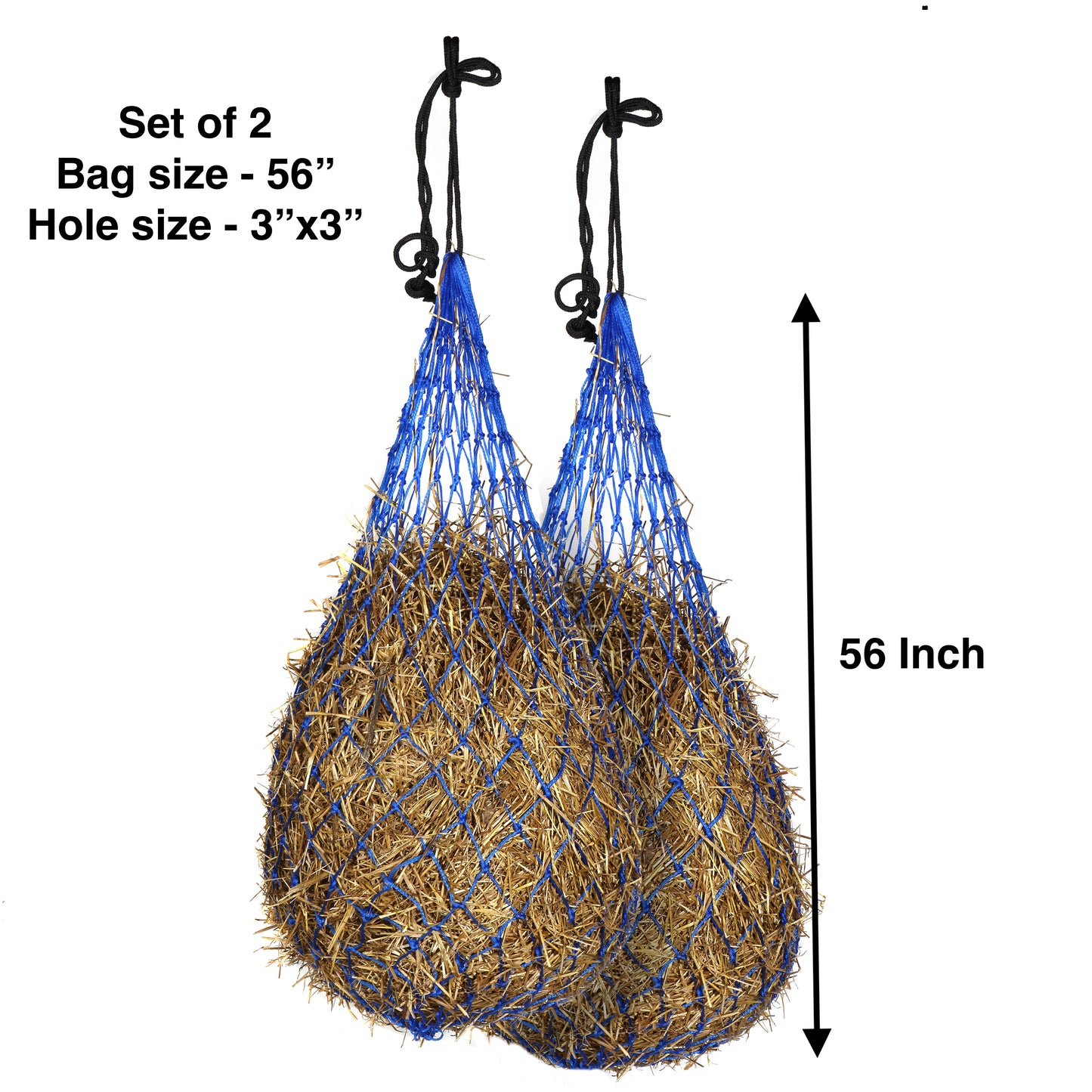 Majestic Ally 2 pcs Slow Feed 56” Hay Net with soft 3"x3" holes for Horses & Livestock, Nylon Rope Hanging , Simulates Grazing, Reduce Waste