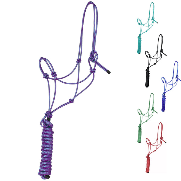 Majestic Ally 1/4" Rope 4 Knot Stiff Polyester Training Halter with 10’ Matching Lead Rope for Horses – Full